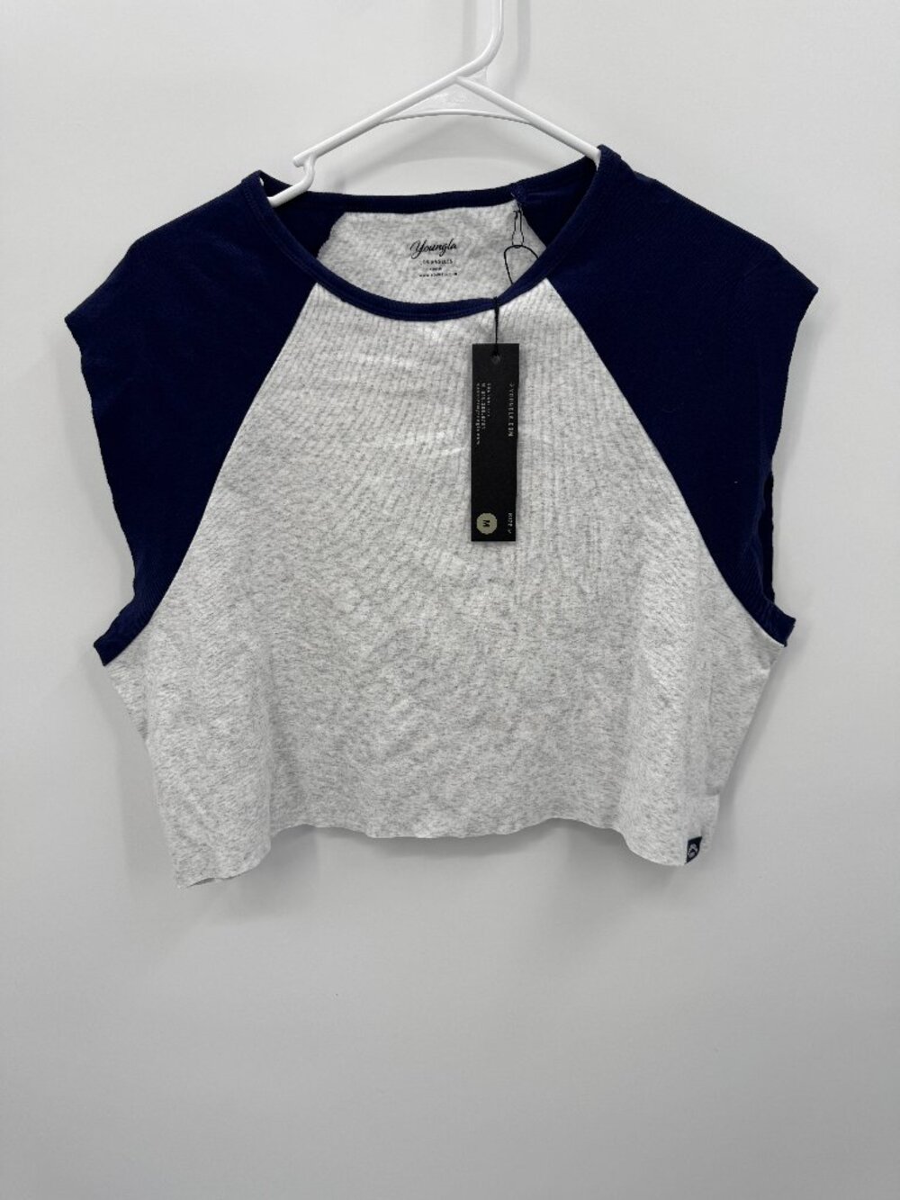 YoungLA Womens Baseball Raglan Cap Sleeve Crop Top Heather Gray Navy Size M NWT
